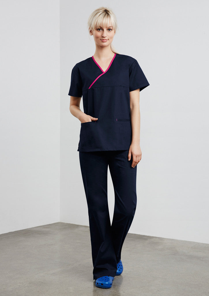 HEALTHCARE UNIFORMS. LADIES CONTRAST CROSSOVER SCRUBS TOP