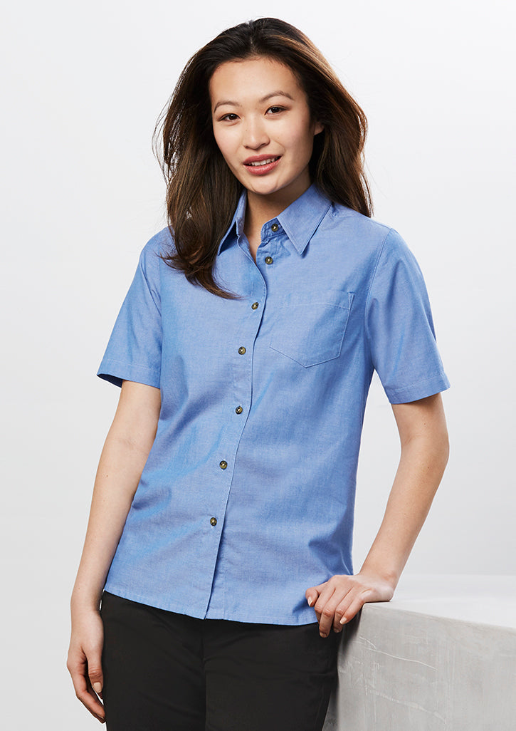 ACTIV EMBROIDERY DESIGNS.UNIFORMS.WORKWEAR.LADIES WRINKLE FREE CHAMBRAY SHORT SLEEVE SHIRT
