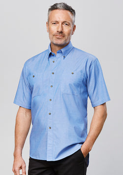 ACTIV EMBROIDERY DESIGNS. UNIFORMS. WORKWEAR.MENS WRINKLE FREE CHAMBRAY SHORT SLEEVE SHIRT