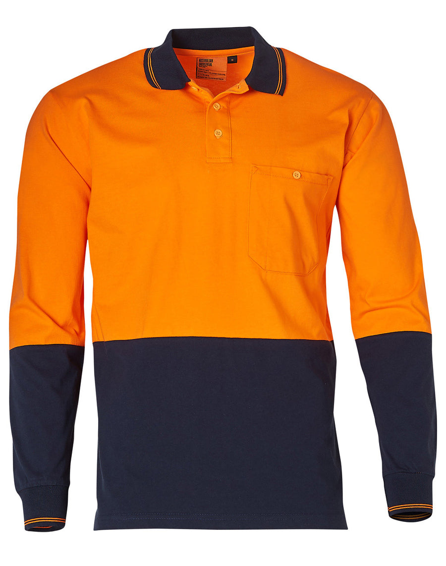 100% Cotton Jersey Two Tone Long Sleeve Safety Polo (Mens)