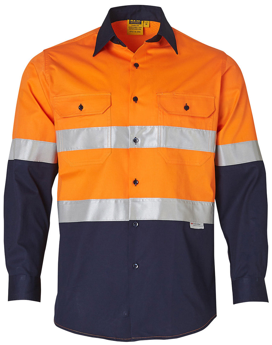 Hi Vis 155gsm Cool-Breeze Cotton Twill L/S Shirt With 3M Tape (Mens)