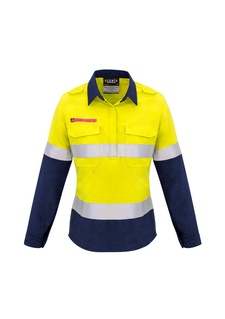 ACTIV EMBROIDERY DESIGNS. UNIFORMS. FR CLOSED FRONT HOOPED TAPED SPLICED SHIRT. LADIES.