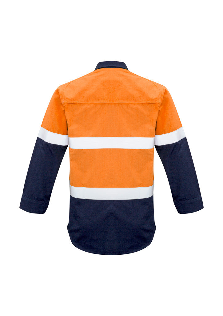 ACTIV EMBROIDERY DESIGNS. UNIFORMS. CLOSED FRONT HOOPED TAPED SPLICED LONG SLEEVE SHIRT. MENS.
