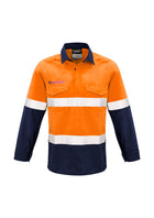 ACTIV EMBROIDERY DESIGNS. UNIFORMS. CLOSED FRONT HOOPED TAPED SPLICED LONG SLEEVE SHIRT. MENS.