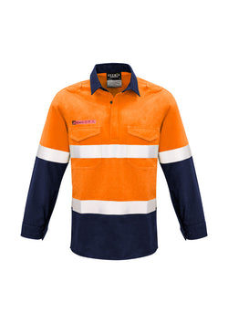 ACTIV EMBROIDERY DESIGNS. UNIFORMS. CLOSED FRONT HOOPED TAPED SPLICED LONG SLEEVE SHIRT. MENS.