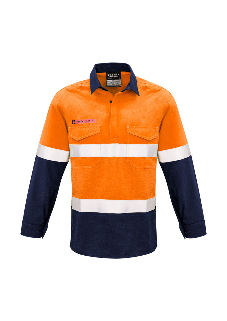 ACTIV EMBROIDERY DESIGNS. UNIFORMS. CLOSED FRONT HOOPED TAPED SPLICED LONG SLEEVE SHIRT. MENS.