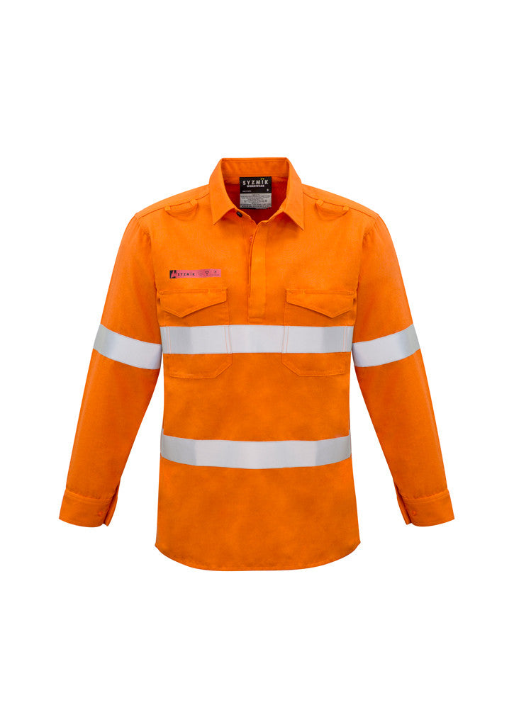 ACTIV EMBROIDERY DESIGNS. UNIFORMS. FR CLOSED FRONT HOOPED TAPED SHIRT. MENS.