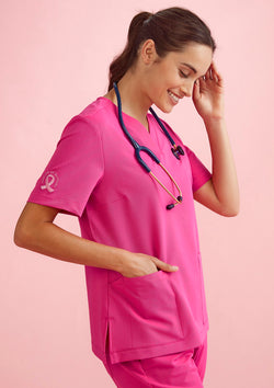 Womens Pink Breast Cancer Foundation V-Neck Scrub Top