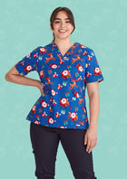 Womens Christmas V-Neck Short Sleeve Scrub Top