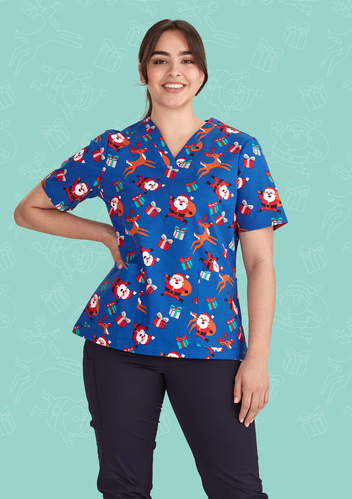 Womens Christmas V-Neck Short Sleeve Scrub Top