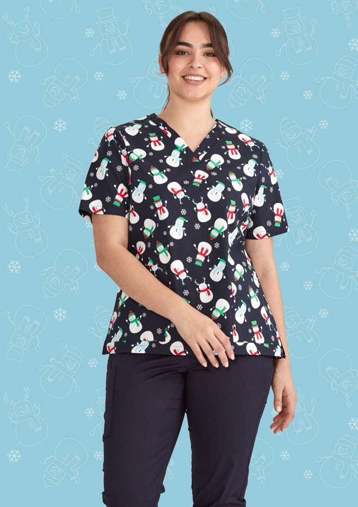 Womens Christmas V-Neck Short Sleeve Scrub Top