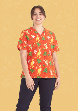 Womens Christmas V-Neck Short Sleeve Scrub Top