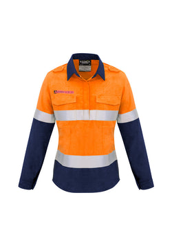 ACTIV EMBROIDERY DESIGNS. UNIFORMS. FR CLOSED FRONT HOOPED TAPED SPLICED SHIRT. LADIES.