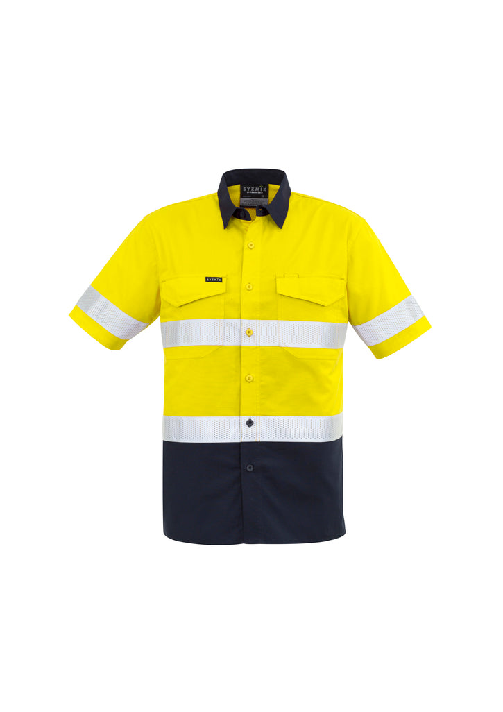 ACTIV EMBROIDERY DESIGNS. UNIFORMS. RUGGED COOLING TAPED HI VIS SPLICED SHORT SLEEVE MENS.